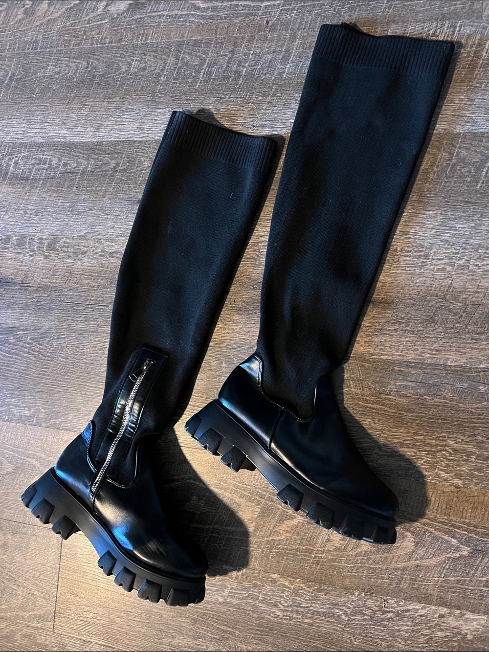 Black Knee-High Chunky Sole Stretch Boots